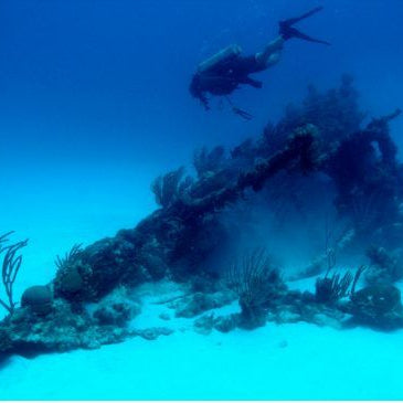 Underwater shipwreck with a diver in the background