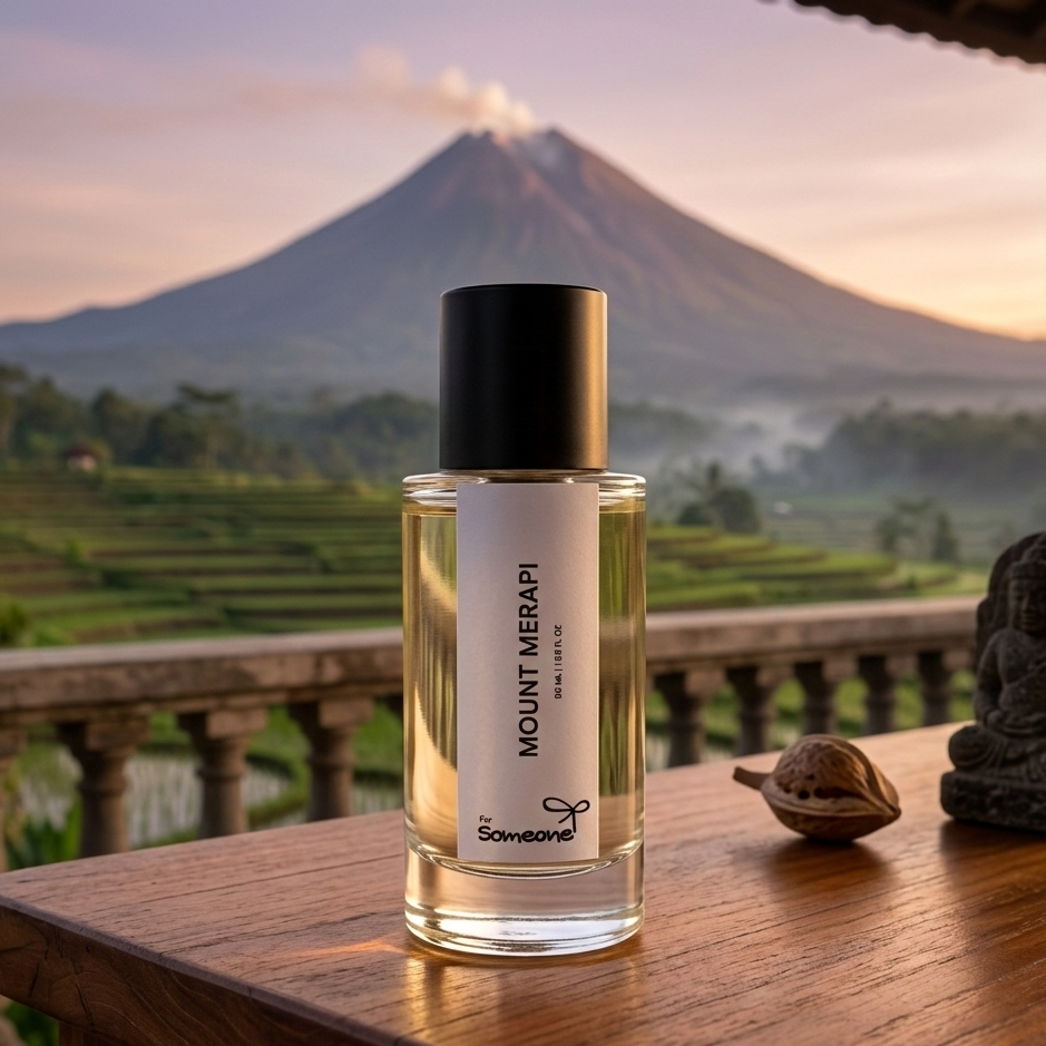 Perfume bottle labeled 'Mount Merapi' on a wooden table with a mountain and landscape in the background
