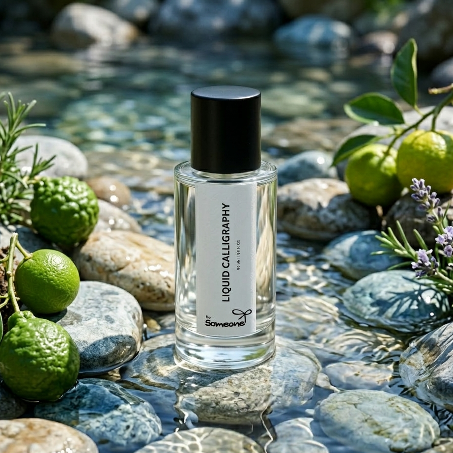 Bottle of 'Liquid Calligraphy' by 'For Someone' on stones with green limes and lavender.