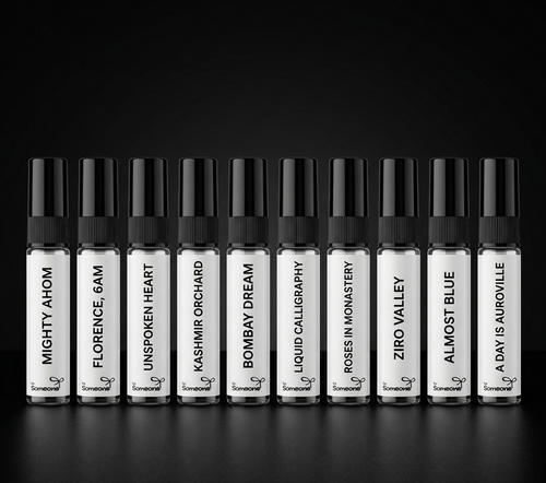 Row of perfume bottles with black caps and white labels on a black background