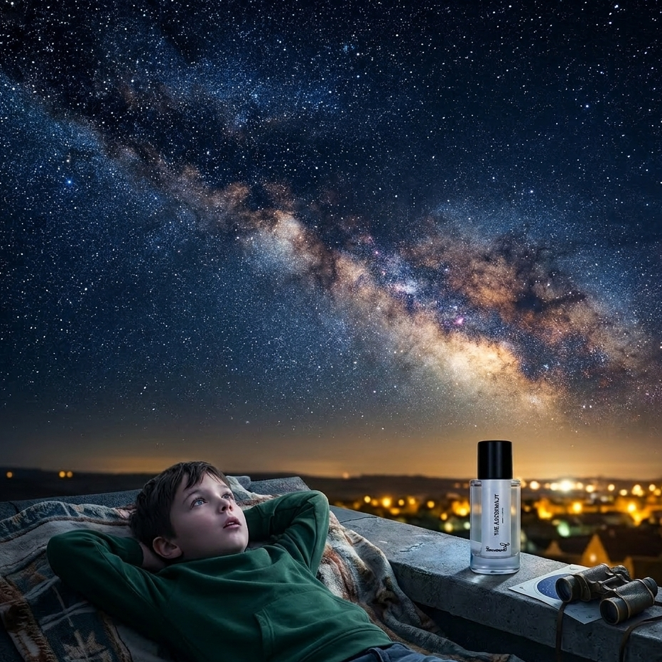 Person lying on a blanket under a starry sky with the Milky Way, next to a bottle and binoculars.