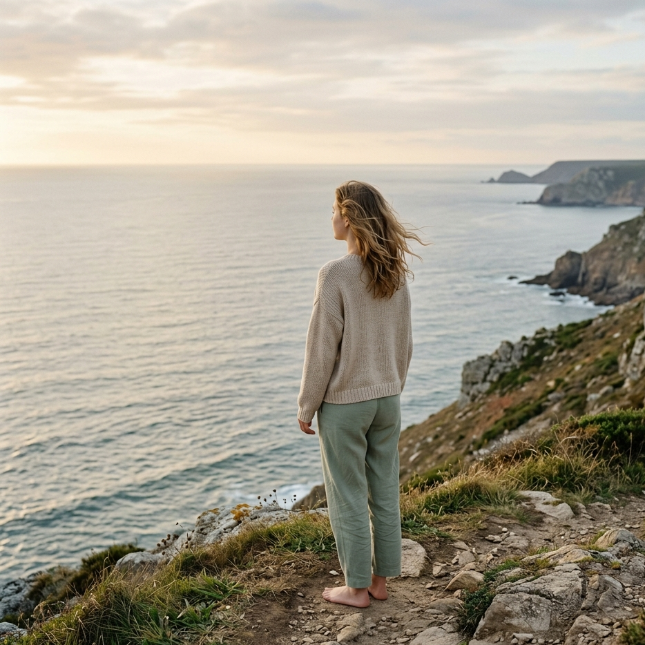 Woman standing on a cliff overlooking the ocean at sunset