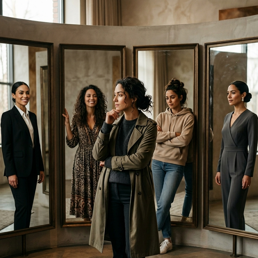 Woman standing in front of a mirror with multiple reflections showing her in different outfits.