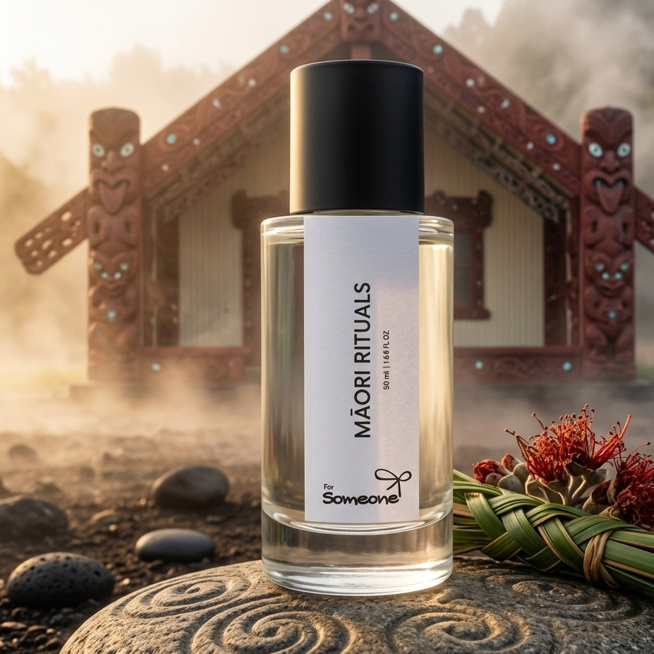 Maori Rituals product bottle with traditional Maori architecture in the background