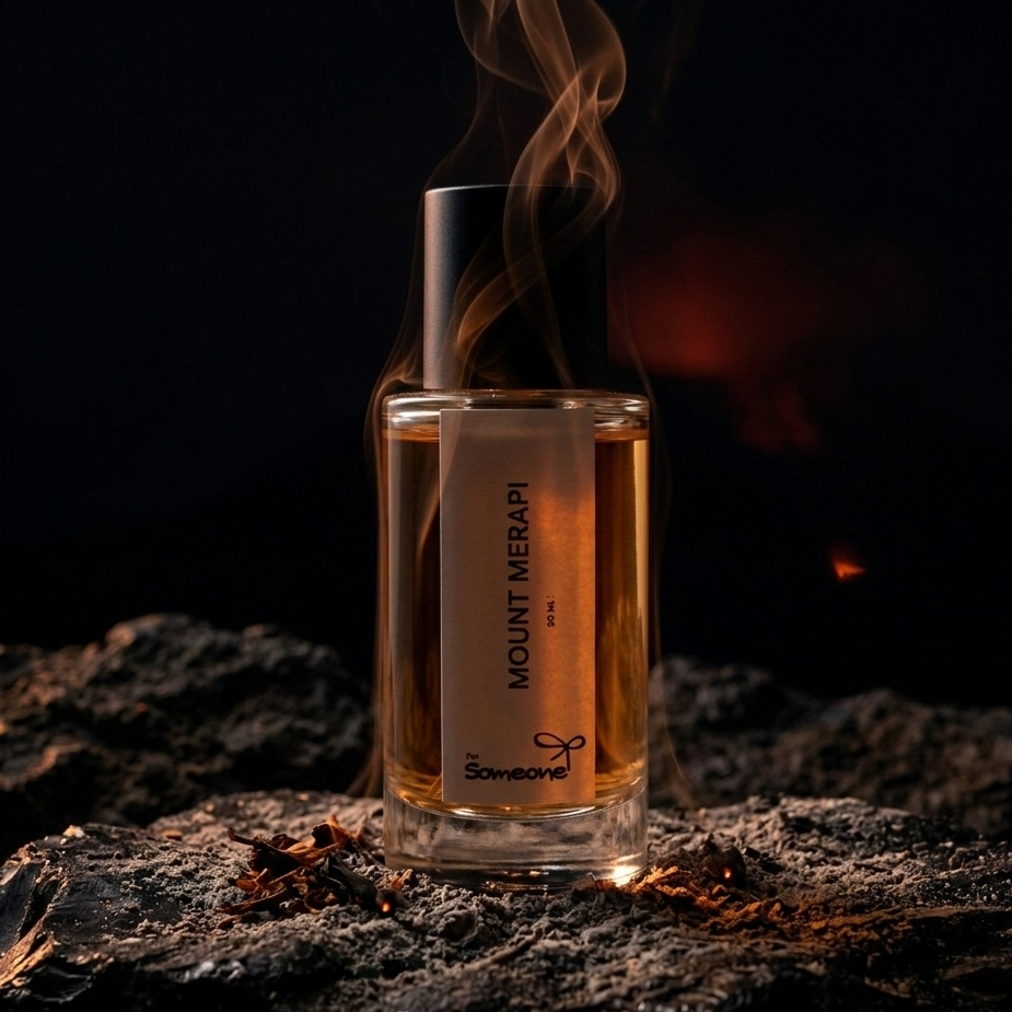 Perfume bottle labeled 'Mount Merapi' with smoke on a dark background