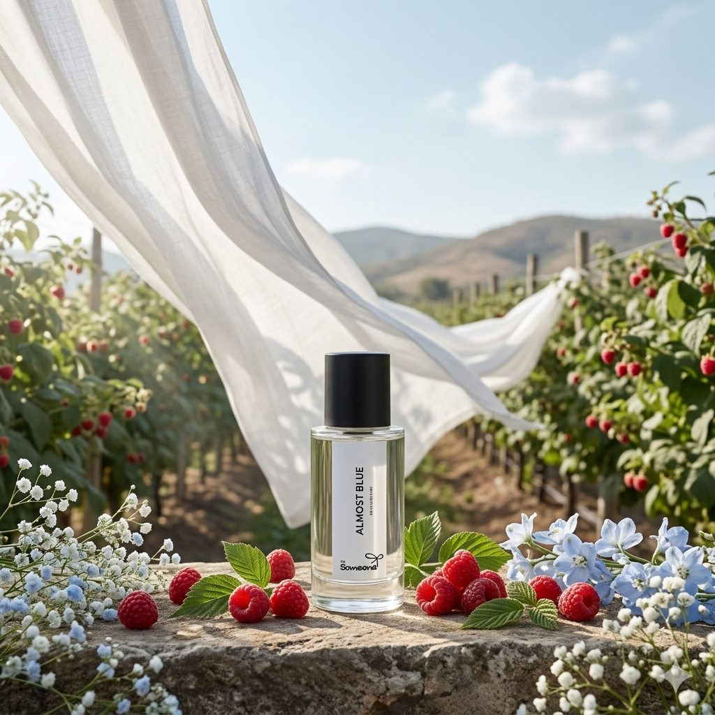 Perfume bottle with berries and flowers on a stone surface with a scenic background