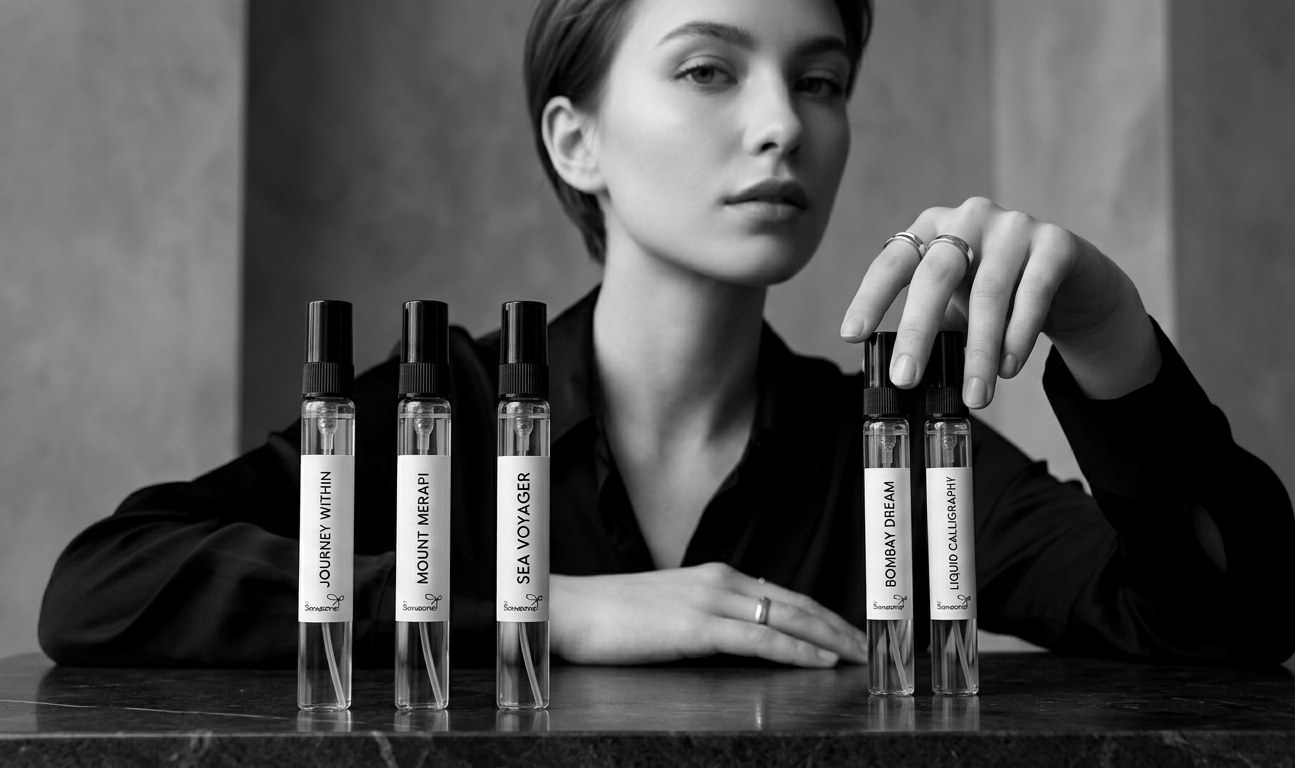 Woman holding a perfume bottle with other bottles displayed in front of her.