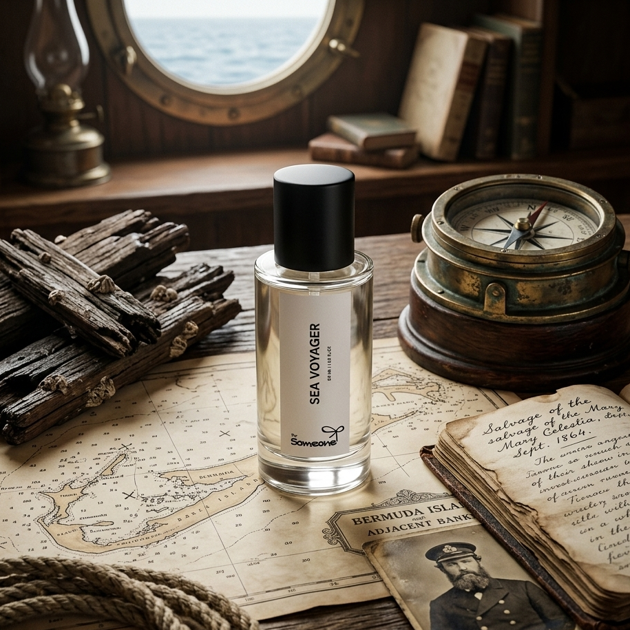 Sea Voyager perfume bottle on a nautical-themed table with compass, rope, and map.