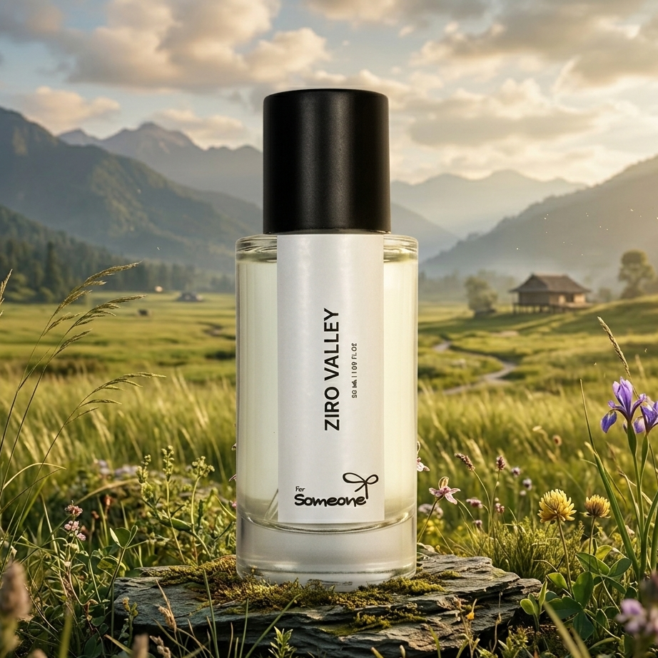 Ziro Valley perfume bottle in a scenic outdoor setting with mountains and grass.