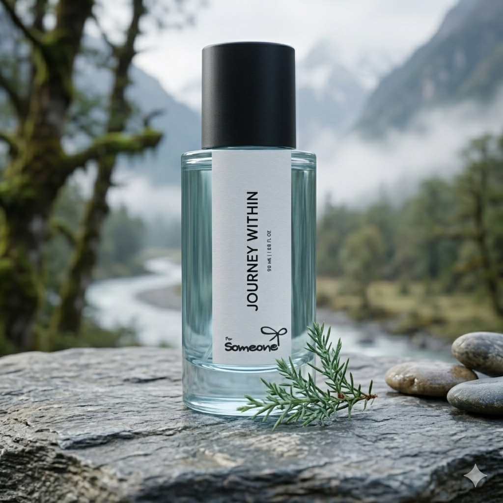 Bottle of 'Journey Within' perfume with a natural background