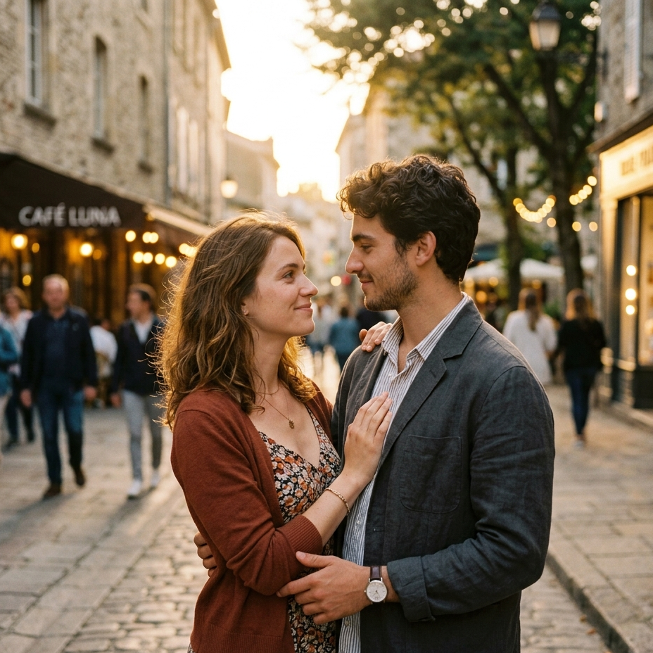 Couple embracing on a street with a warm glow, possibly during sunset.