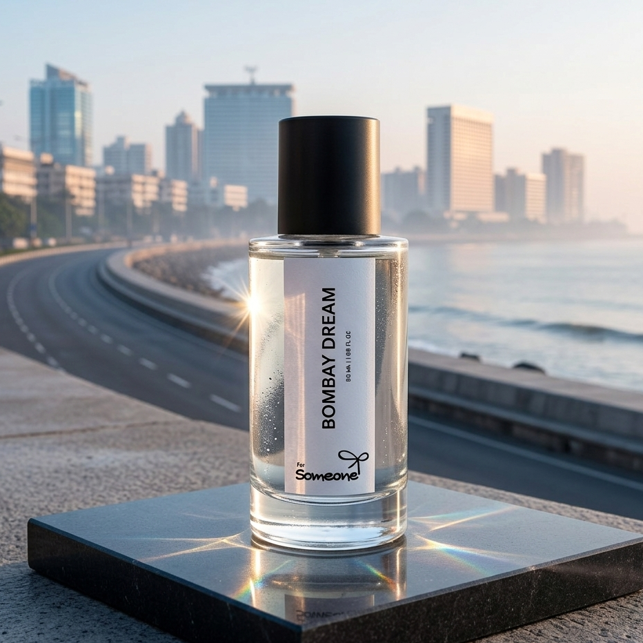 Bottle of Bombay Dream perfume on a black platform with a cityscape in the background