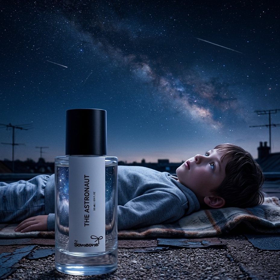 Child lying on a rooftop under a starry night sky with 'The Astronaut' bottle in the foreground.