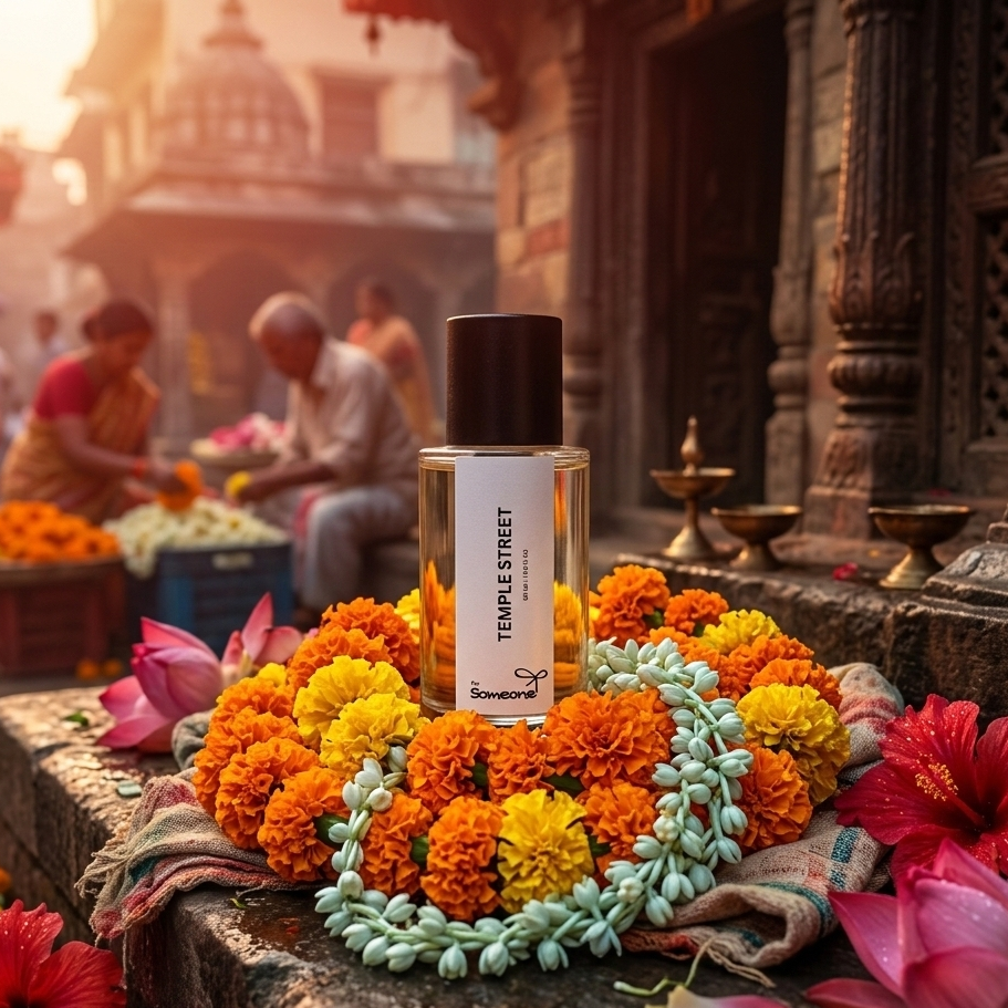 Temple Street perfume bottle with floral decorations in a temple setting