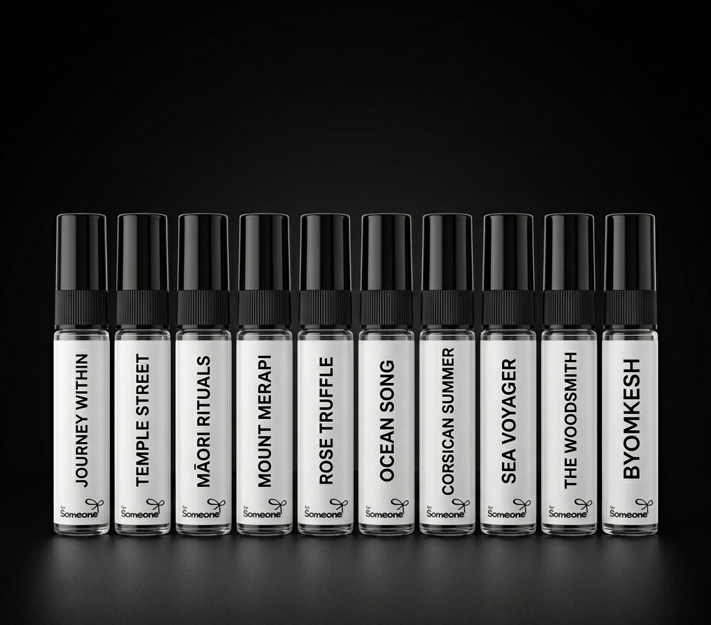 Row of small bottles with labels on a black background