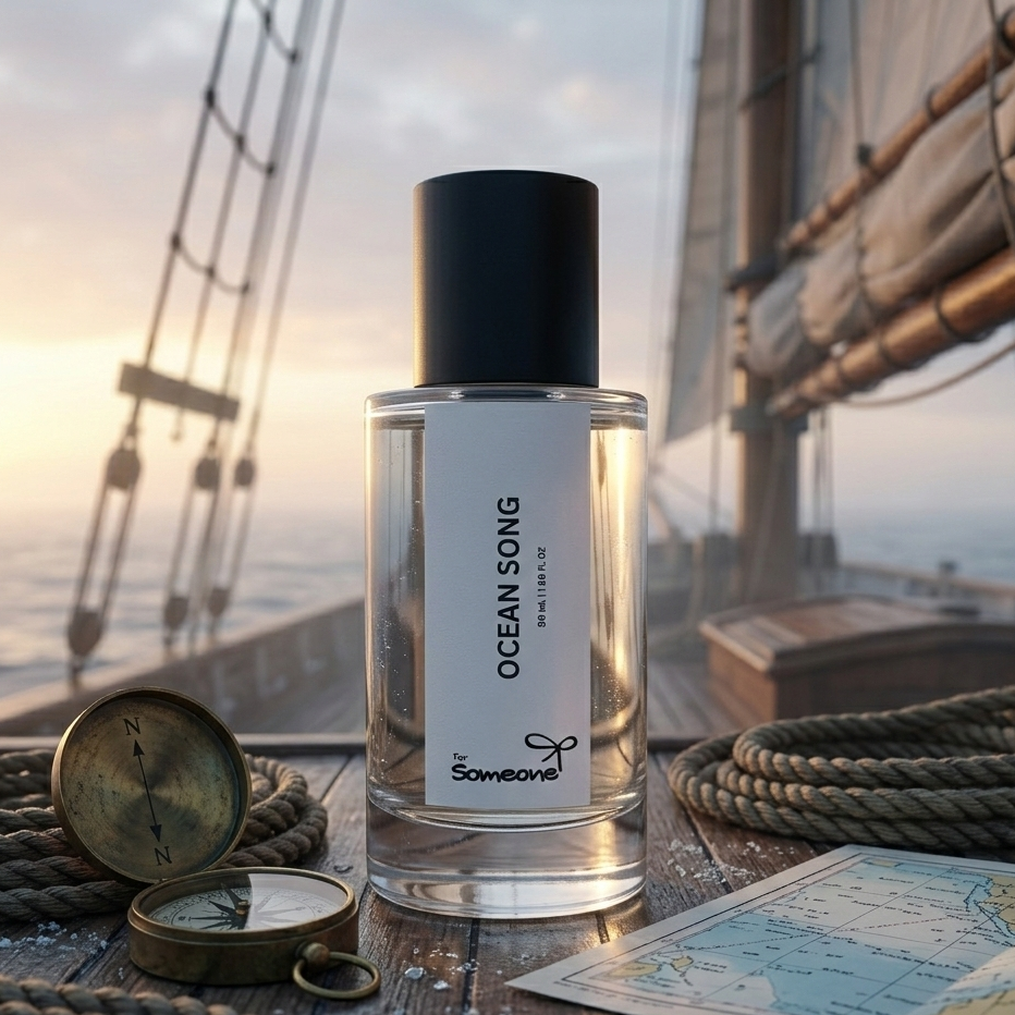 Perfume bottle labeled 'Ocean Song' on a ship deck with ropes and a compass.