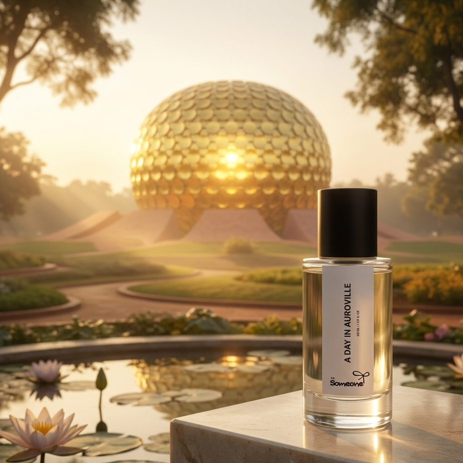 Perfume bottle with a scenic background featuring a large golden dome and pond with lilies.