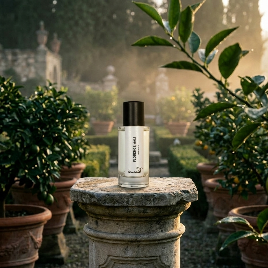 Perfume bottle on a stone pedestal in a garden setting