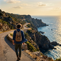 Person with a backpack walking along a coastal road with ocean views.