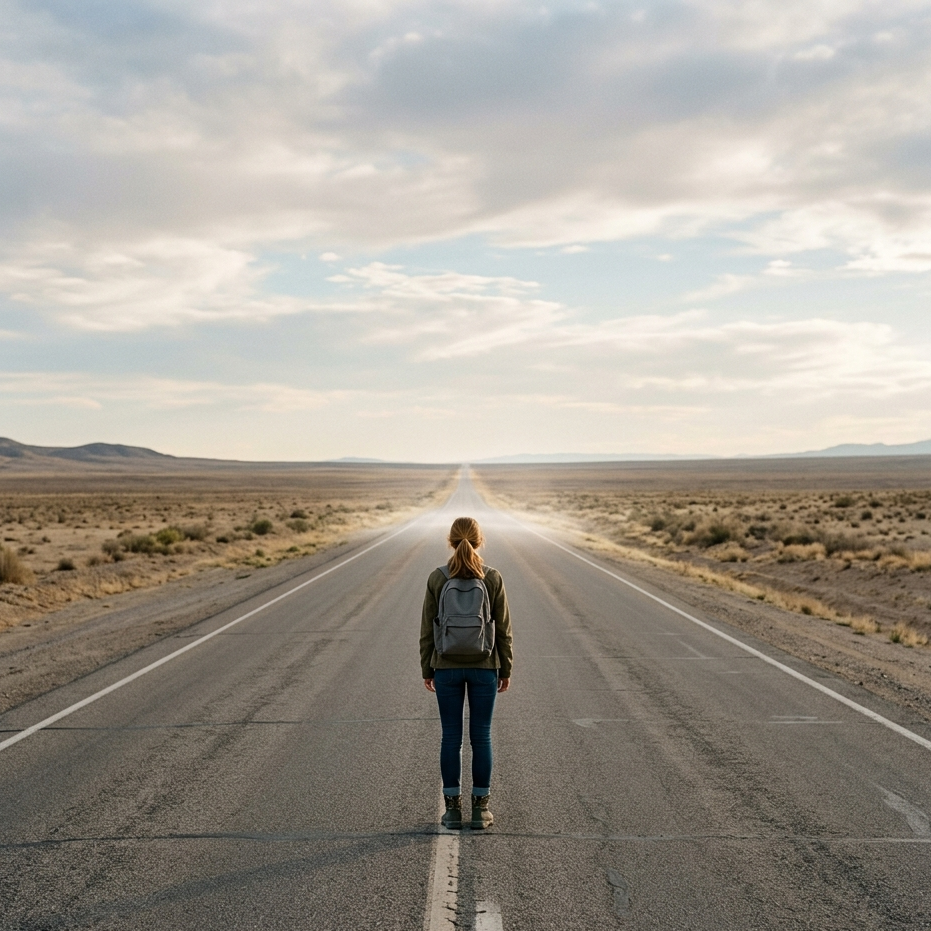 Person walking alone on a long, straight road in a desert landscape with a clear sky.