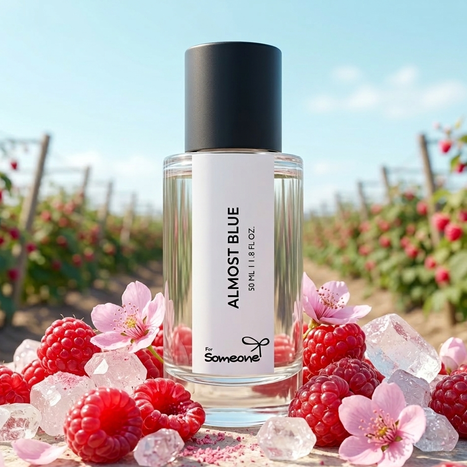 Bottle of 'Almost Blue' perfume with raspberries and flowers in a scenic outdoor setting