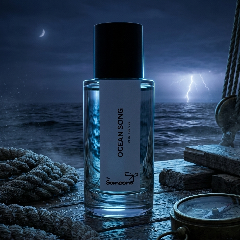 Perfume bottle labeled 'Ocean Song' on a wooden surface with a dramatic ocean background