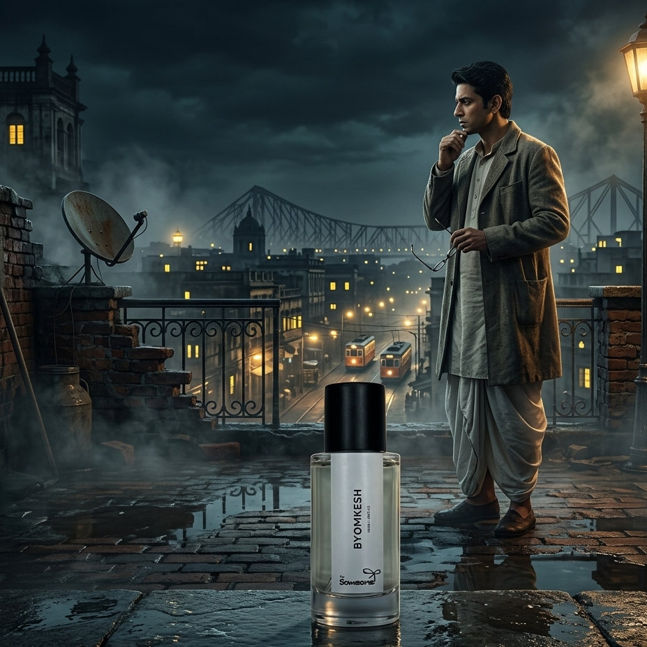 Man on a rooftop at night with a cityscape in the background, featuring a bottle of BYOMKESH perfume.