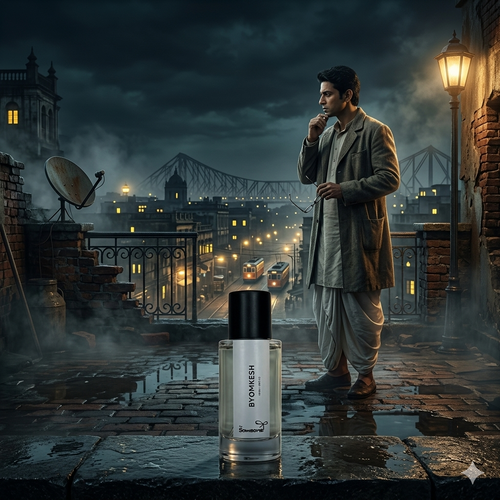 Man on a rooftop at night with a cityscape in the background, featuring a bottle of BYOMKESH perfume.
