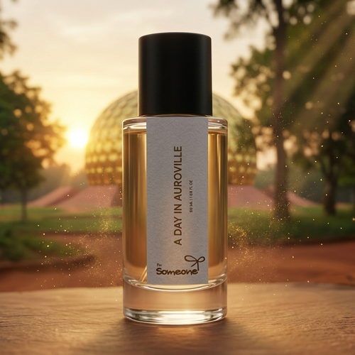 Perfume bottle labeled 'A Day in Auroville' on a wooden surface with a scenic background