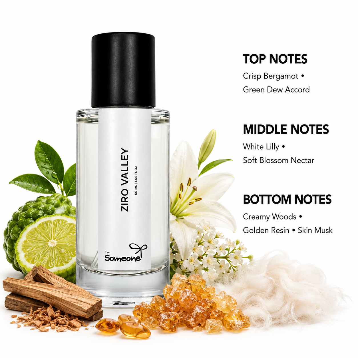 Ziro Valley perfume bottle with ingredients and notes on a white background