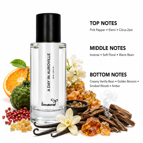 Perfume bottle with ingredients and notes displayed on a white background
