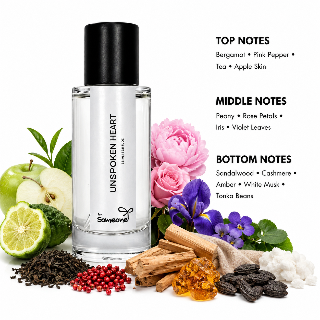 Perfume bottle with floral and natural elements on a white background