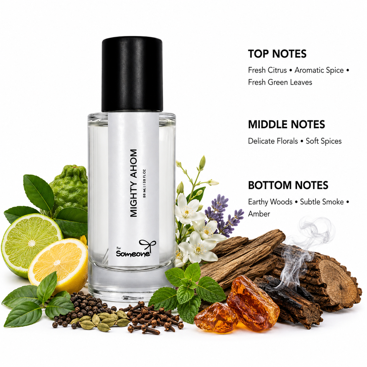 Mighty Ahom perfume bottle with ingredients and notes on a white background