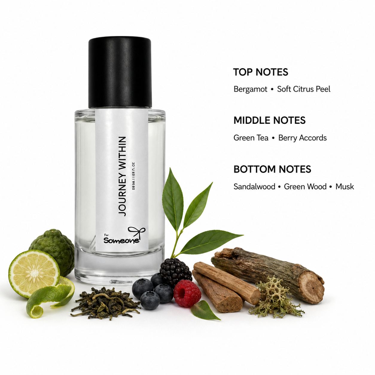 Perfume bottle labeled 'Journey Within' with natural elements and notes on a white background