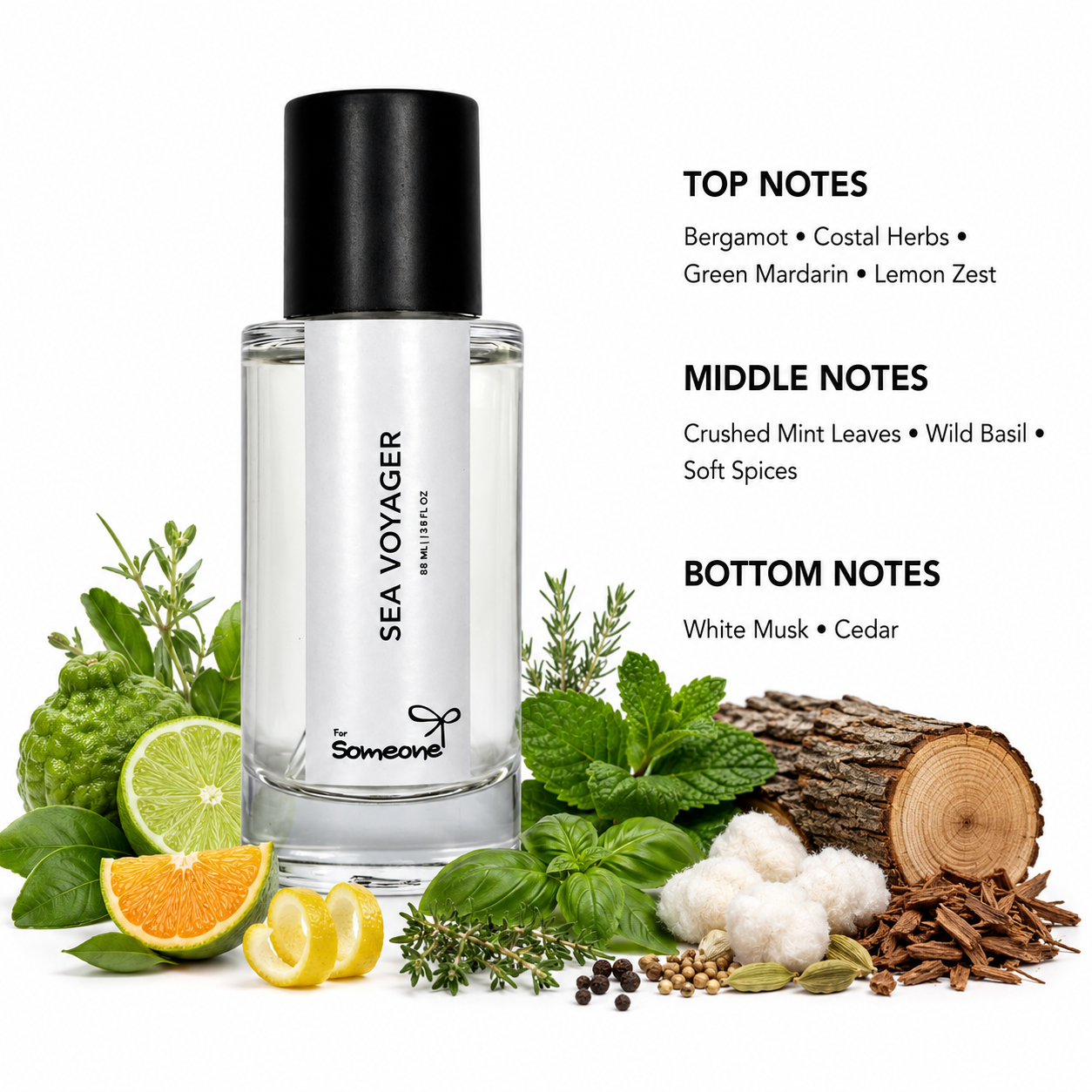 Perfume bottle labeled 'Sea Voyager' with notes description and natural elements on a white background