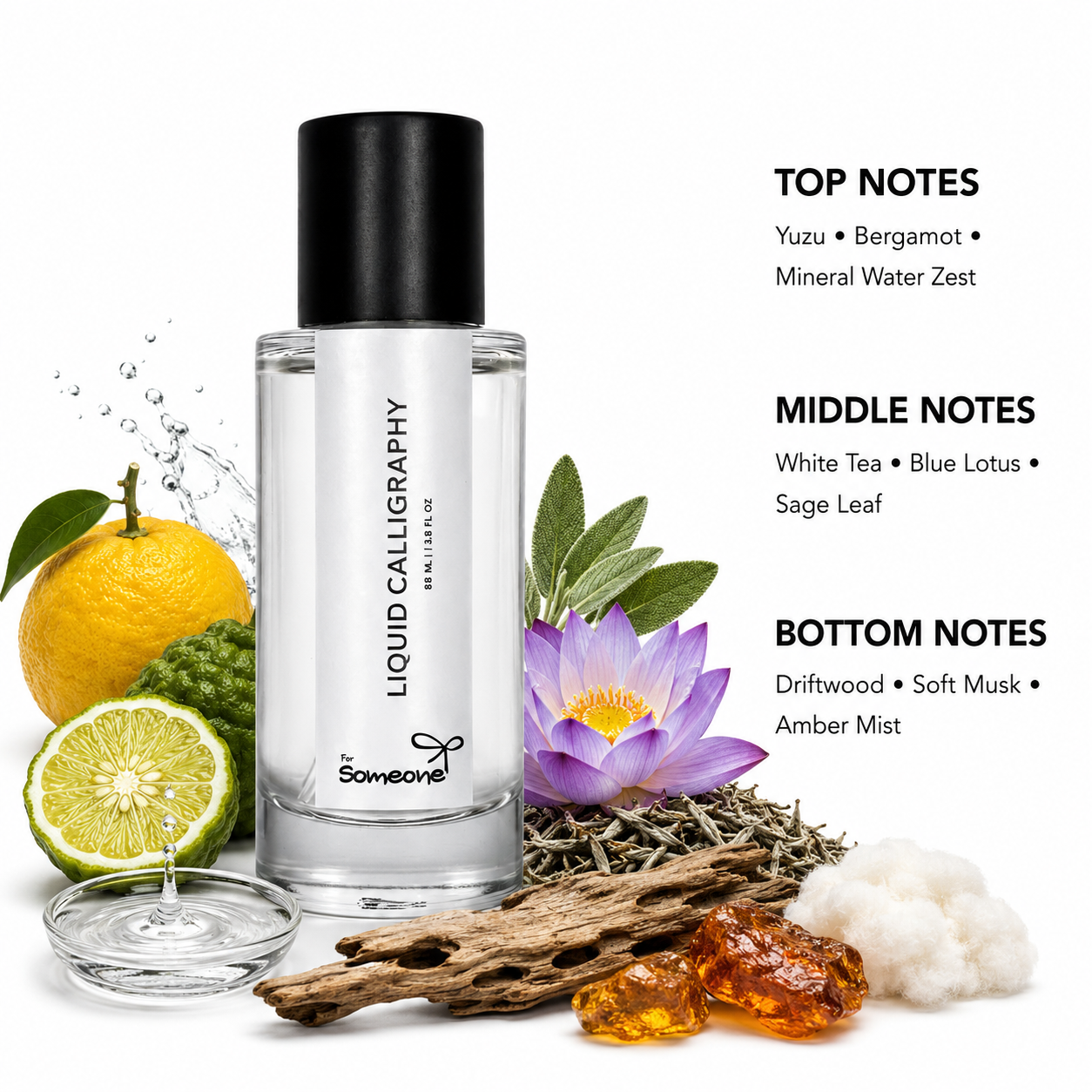 Perfume bottle with floral and natural elements on a white background