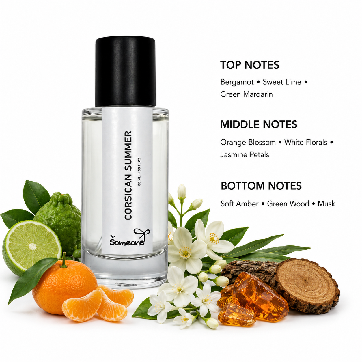Corsican Summer perfume bottle with floral and fruit elements on a white background
