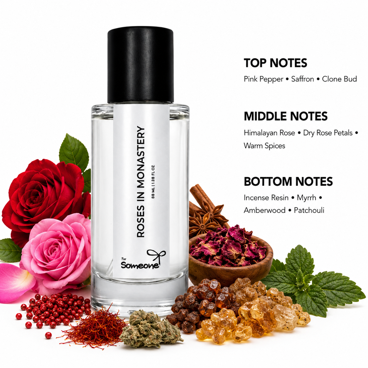 Perfume bottle with floral and spice elements on a white background