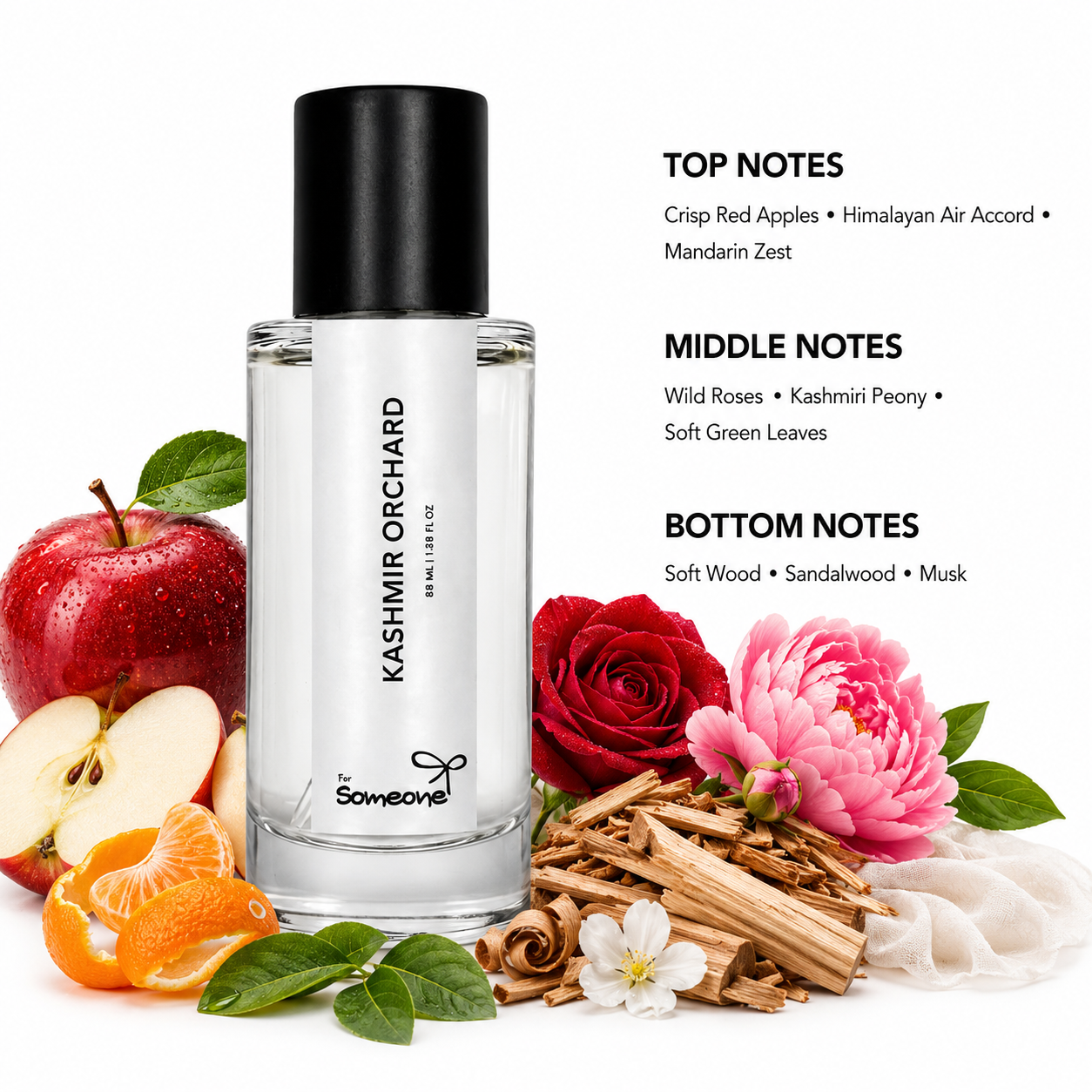 Perfume bottle with floral and fruit elements on a white background