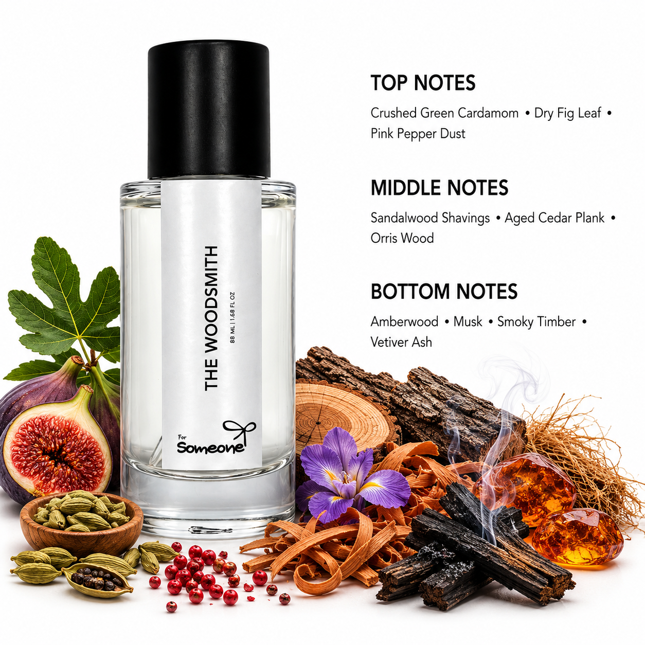 Perfume bottle with ingredients and notes displayed on a white background