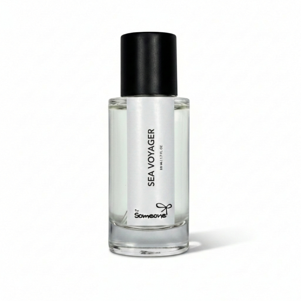 Clear bottle with black cap labeled 'Sea Voyager' on a white background