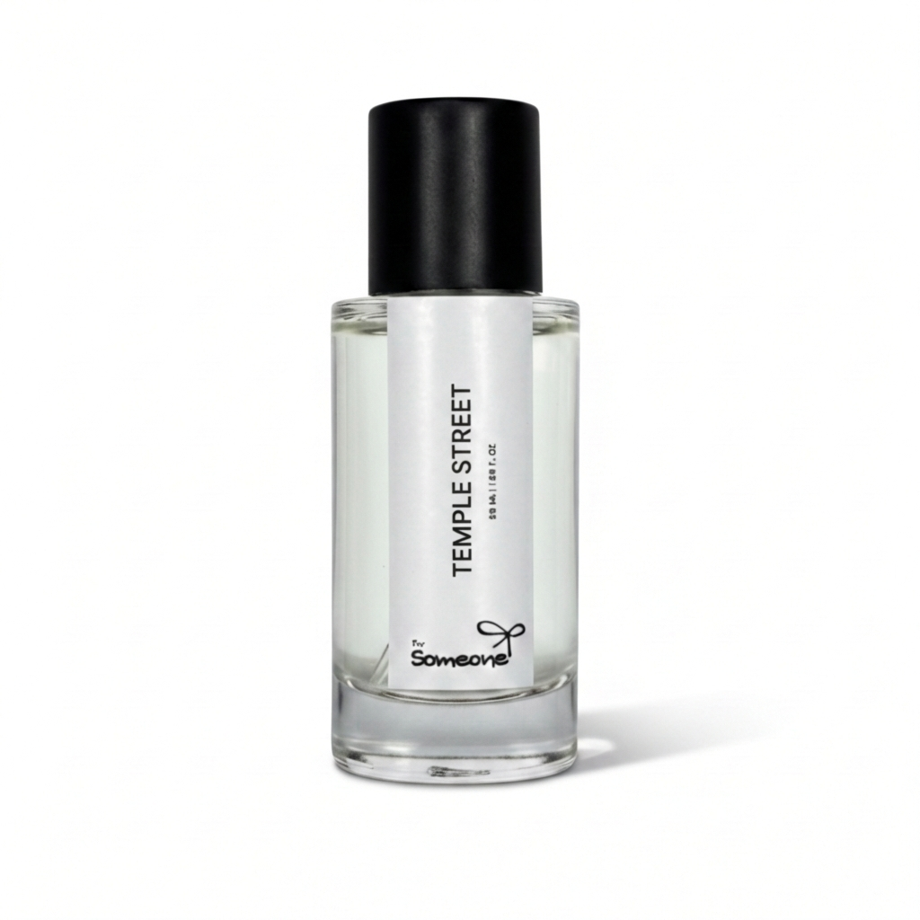 Clear bottle with black cap on a white background, featuring 'Temple Street' branding.
