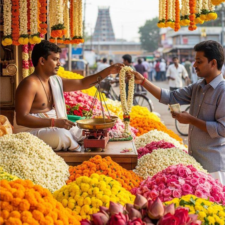 Two men at a flower market with vibrant flowers and garlands.