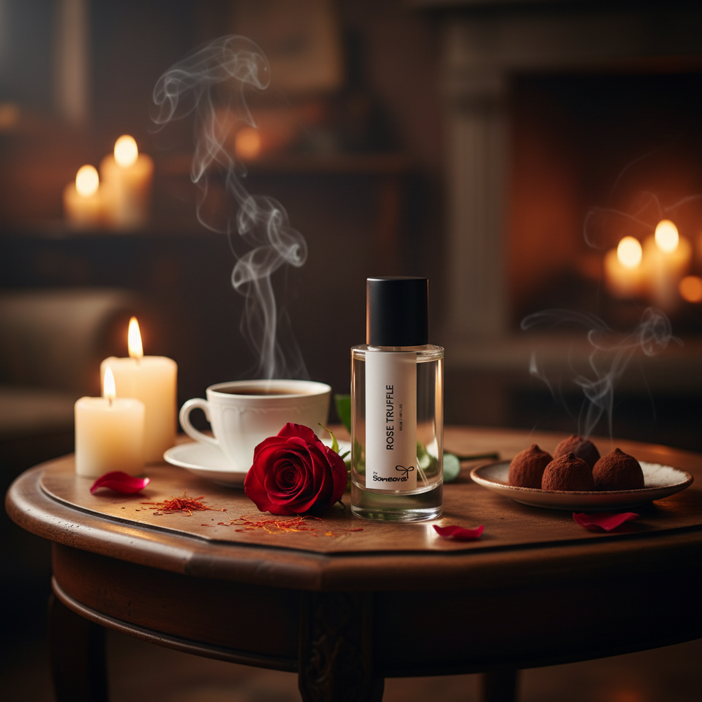Table with a cup of coffee, red rose, truffles, and a bottle of perfume with candles and a fireplace in the background.